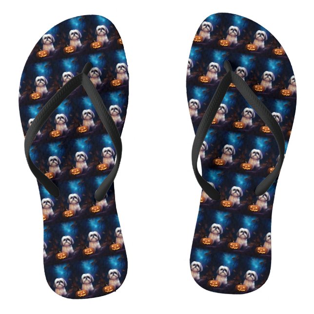 Halloween Shih Tzu With Pumpkins Scary Flip Flops (Footbed)