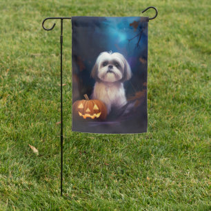 Halloween Shih Tzu With Pumpkins Scary Garden Flag