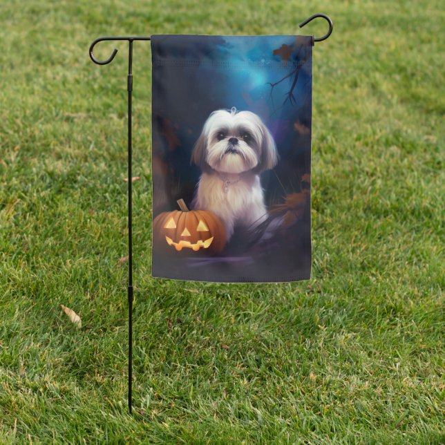Halloween Shih Tzu With Pumpkins Scary Garden Flag (In SItu)