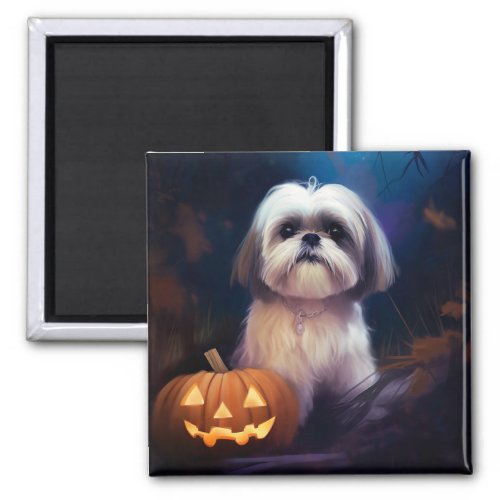 Halloween Shih Tzu With Pumpkins Scary Magnet