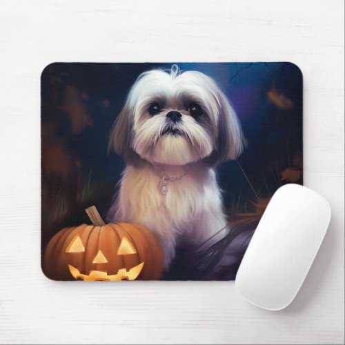 Halloween Shih Tzu With Pumpkins Scary Mouse Pad
