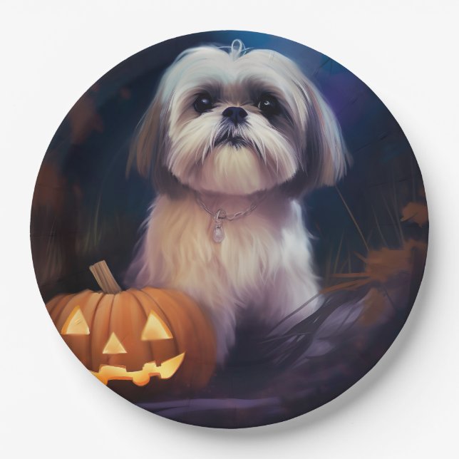 Halloween Shih Tzu With Pumpkins Scary Paper Plates (Front)