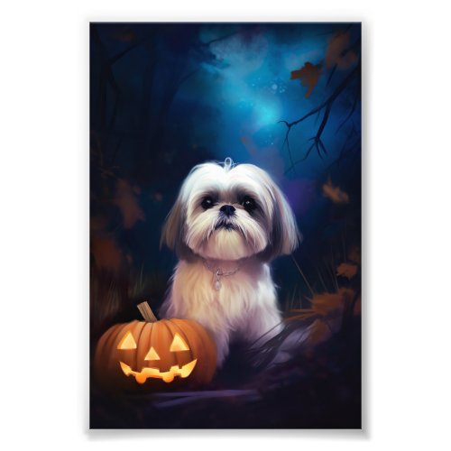 Halloween Shih Tzu With Pumpkins Scary Photo Print