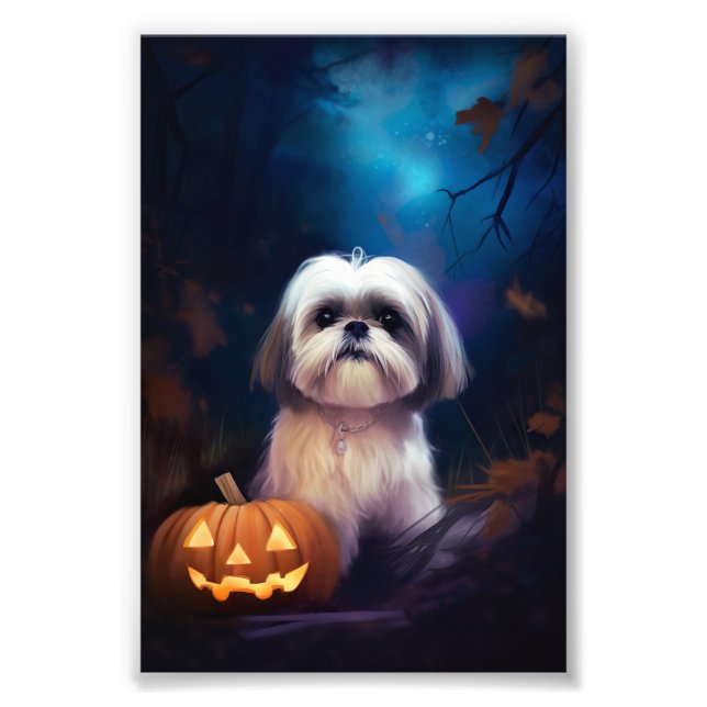 Halloween Shih Tzu With Pumpkins Scary Photo Print (Front)