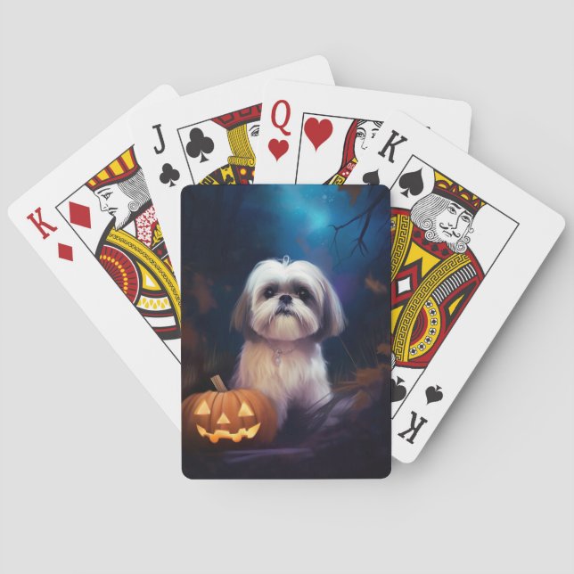 Halloween Shih Tzu With Pumpkins Scary Poker Cards (Back)