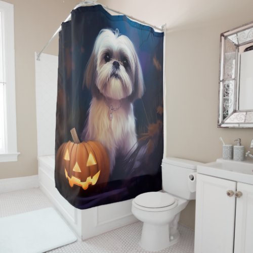 Halloween Shih Tzu With Pumpkins Scary Shower Curtain