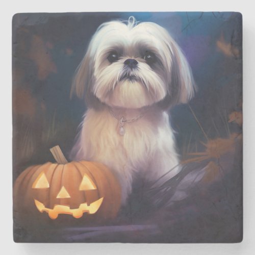 Halloween Shih Tzu With Pumpkins Scary Stone Coaster