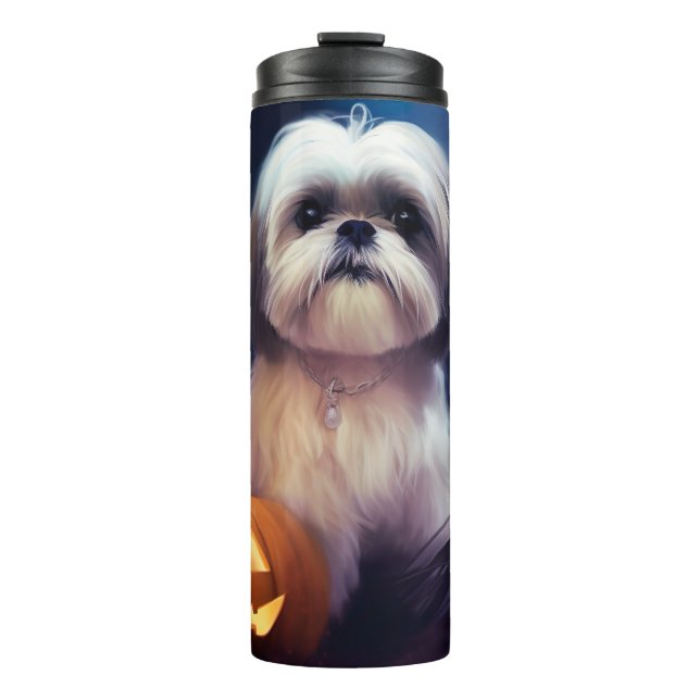 Halloween Shih Tzu With Pumpkins Scary Thermal Tumbler (Front)