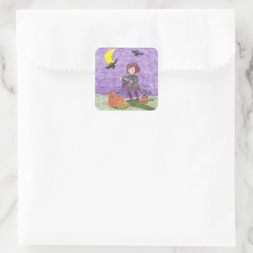 Halloween short hair witch  purple square stickers