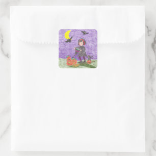 Halloween short hair witch purple square stickers
