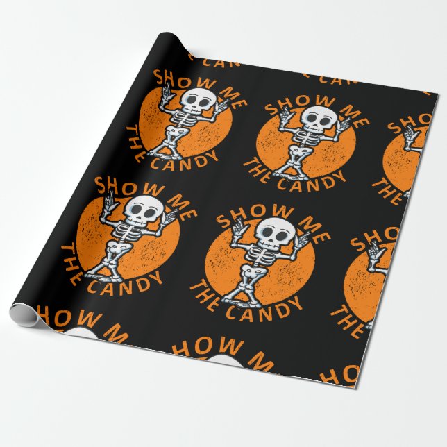 Halloween Show Me The Candy Skeleton Wrapping Paper (Unrolled)