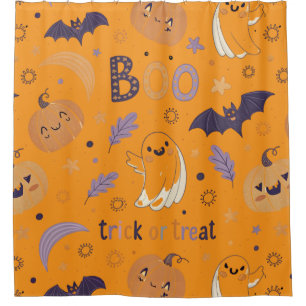 "Halloween Shower Curtain – Pumpkins, Ghosts & Bat