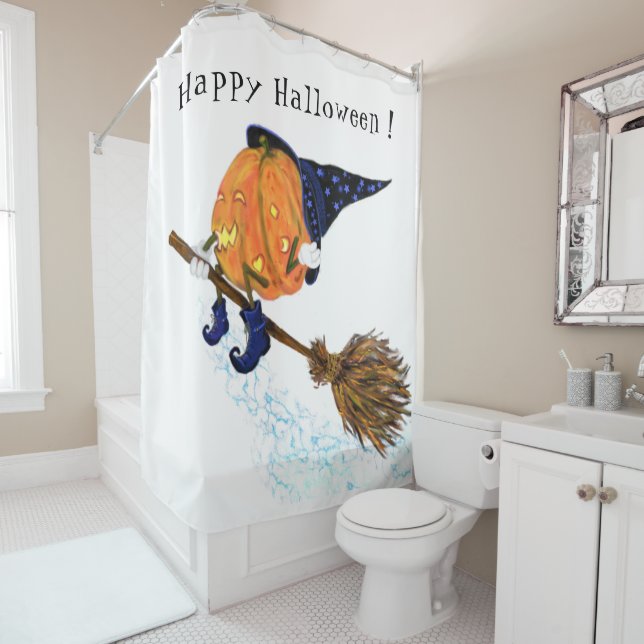 Halloween Shower Curtain Witch Pumpkin Flying (In Situ)