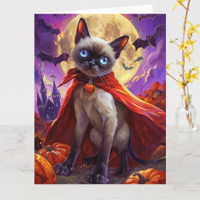 Halloween Siamese Cat Vampire Pumpkins Scary   Card (Yellow Flower)