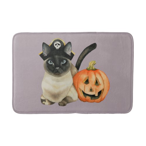 Halloween Siamese Cat with Jack O Lantern Bathroom Mat