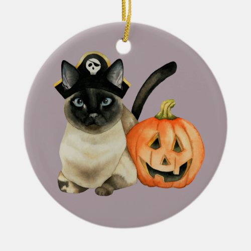 Halloween Siamese Cat with Jack O Lantern Ceramic Ornament