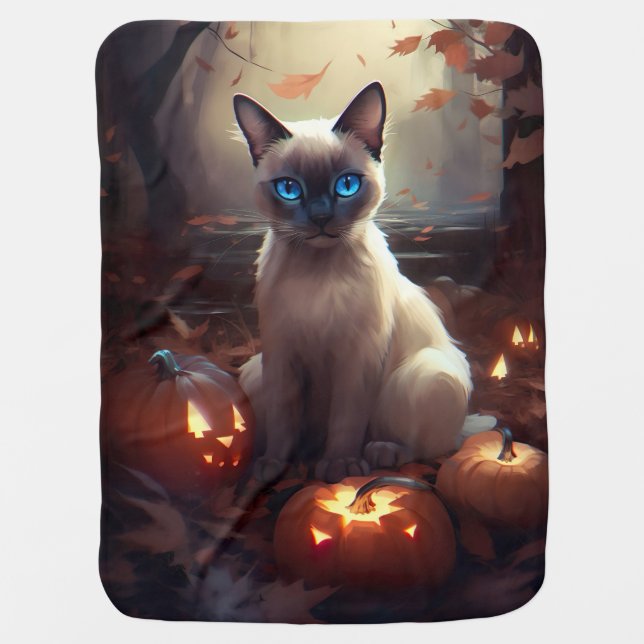 Halloween Siamese Cat With Pumpkins Scary  Baby Blanket (Front)