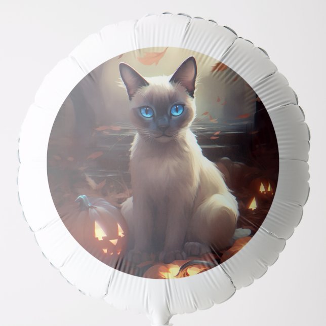 Halloween Siamese Cat With Pumpkins Scary  Balloon (Front)