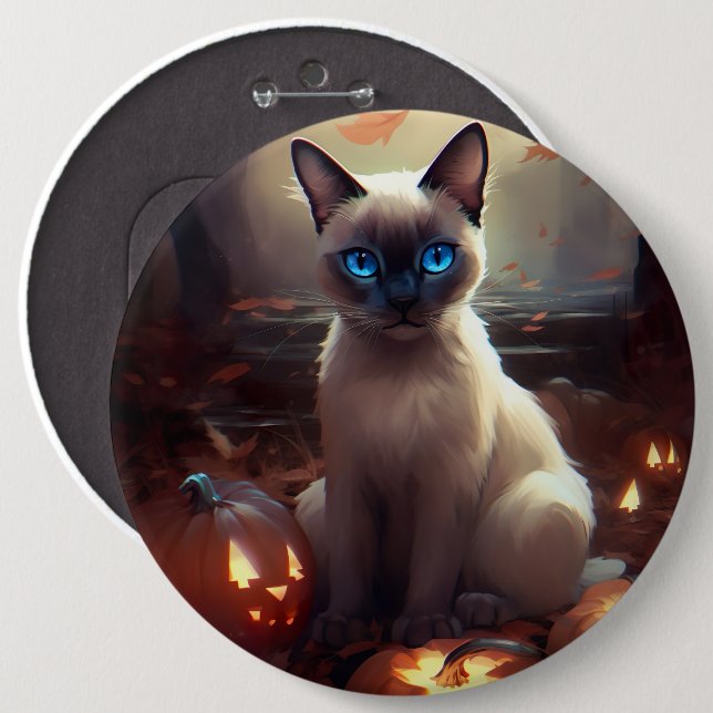 Halloween Siamese Cat With Pumpkins Scary  Button (Front & Back)