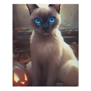 Halloween Siamese Cat With Pumpkins Scary Faux Canvas Print