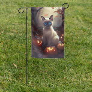 Halloween Siamese Cat With Pumpkins Scary Garden Flag