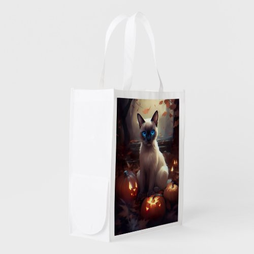 Halloween Siamese Cat With Pumpkins Scary  Grocery Bag