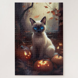 Halloween Siamese Cat With Pumpkins Scary Jigsaw Puzzle