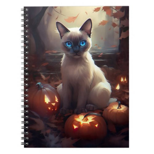 Halloween Siamese Cat With Pumpkins Scary  Notebook
