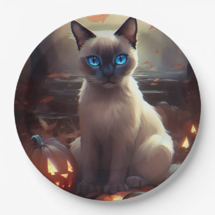 Halloween Siamese Cat With Pumpkins Scary Paper Plates
