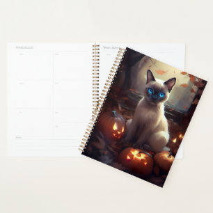 Halloween Siamese Cat With Pumpkins Scary Planner