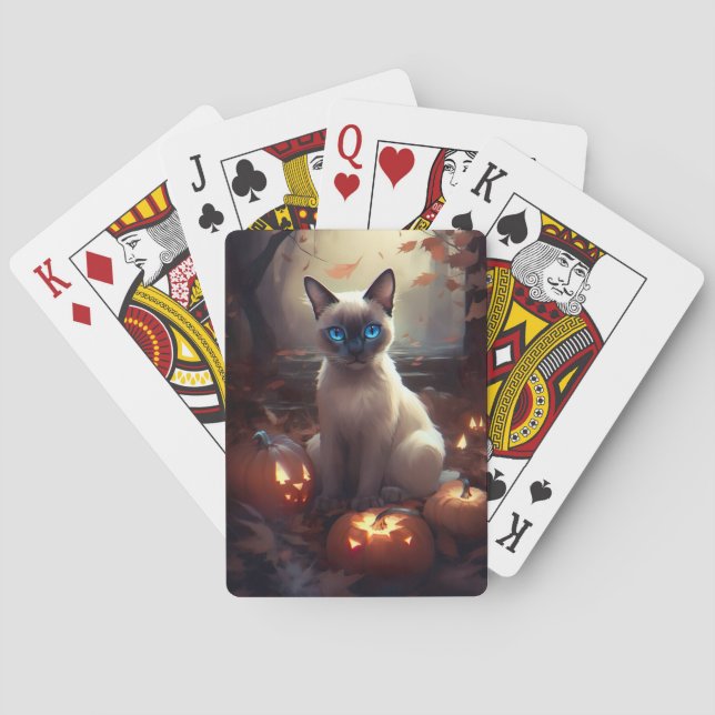 Halloween Siamese Cat With Pumpkins Scary  Poker Cards (Back)