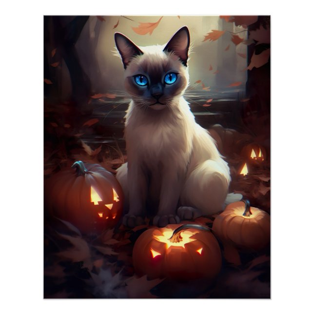 Halloween Siamese Cat With Pumpkins Scary  Poster (Front)