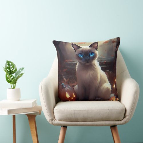 Halloween Siamese Cat With Pumpkins Scary  Throw Pillow