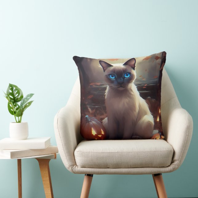 Halloween Siamese Cat With Pumpkins Scary  Throw Pillow (Chair)