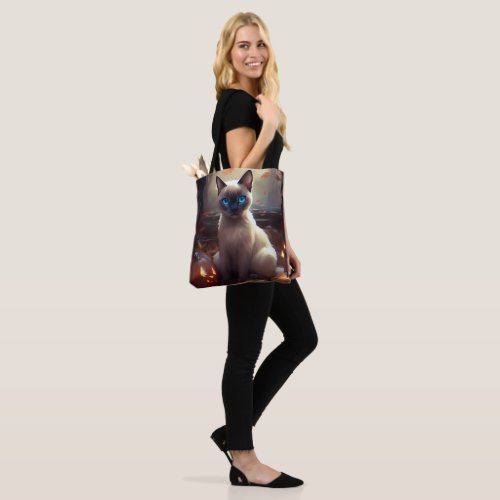 Halloween Siamese Cat With Pumpkins Scary  Tote Bag
