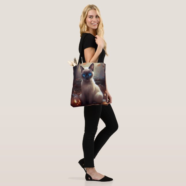Halloween Siamese Cat With Pumpkins Scary  Tote Bag (On Model)