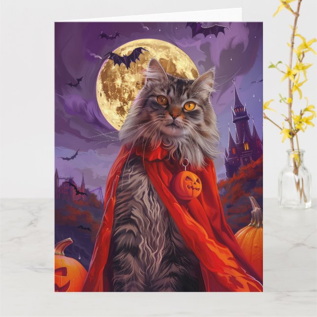 Halloween Siberian Cat Vampire Pumpkins Scary Card (Yellow Flower)