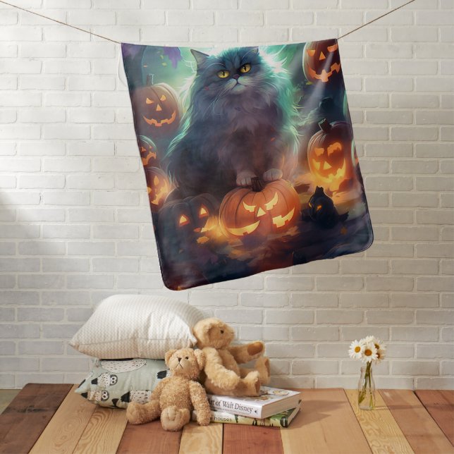 Halloween Siberian Cat With Pumpkins Scary Baby Blanket (In Situ)