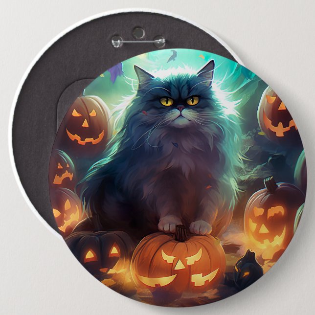 Halloween Siberian Cat With Pumpkins Scary Button (Front & Back)