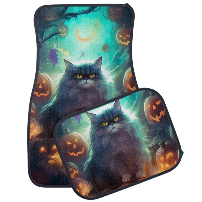 Halloween Siberian Cat With Pumpkins Scary Car Floor Mat (Set)