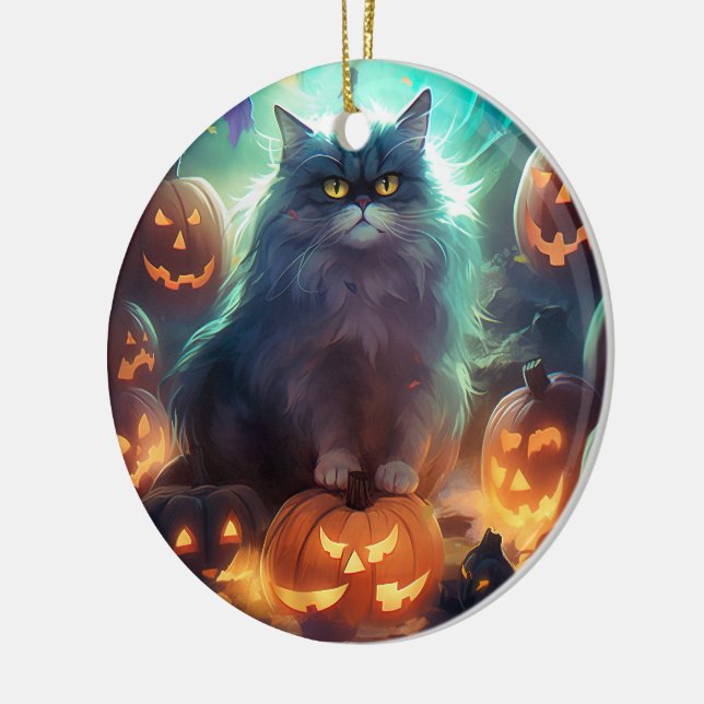 Halloween Siberian Cat With Pumpkins Scary Ceramic Ornament (Left)