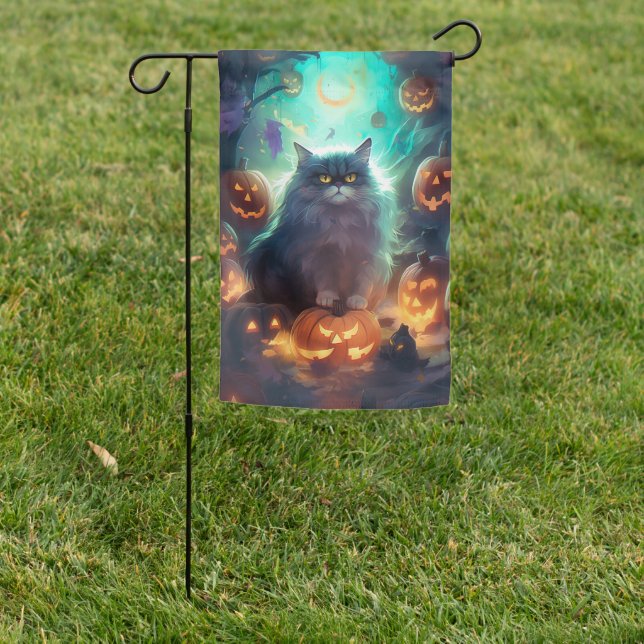Halloween Siberian Cat With Pumpkins Scary Garden Flag (In SItu)