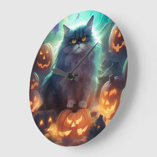 Halloween Siberian Cat With Pumpkins Scary Large Clock