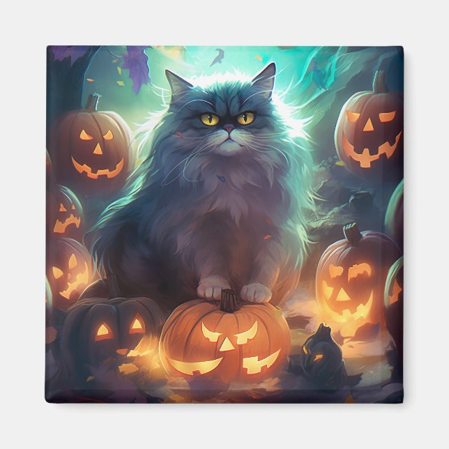 Halloween Siberian Cat With Pumpkins Scary Magnet (Front)