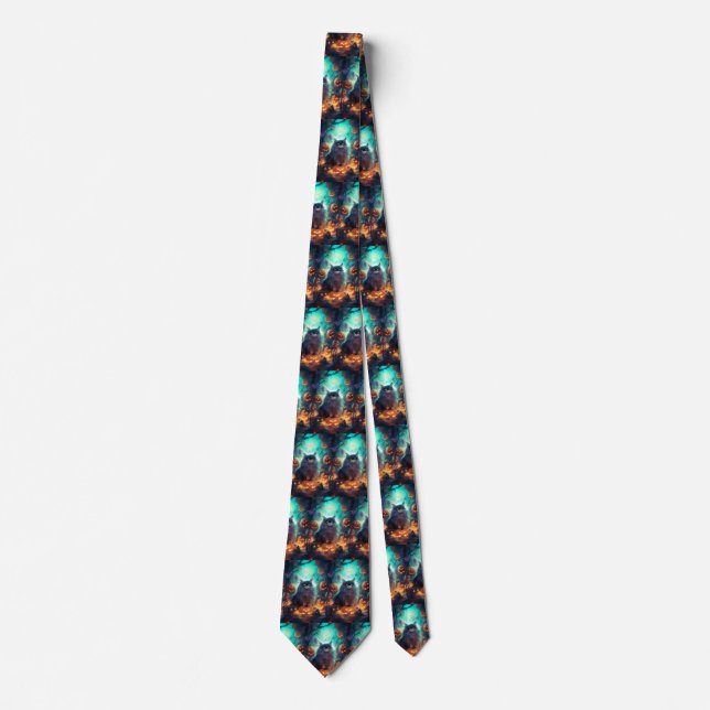 Halloween Siberian Cat With Pumpkins Scary Neck Tie (Front)
