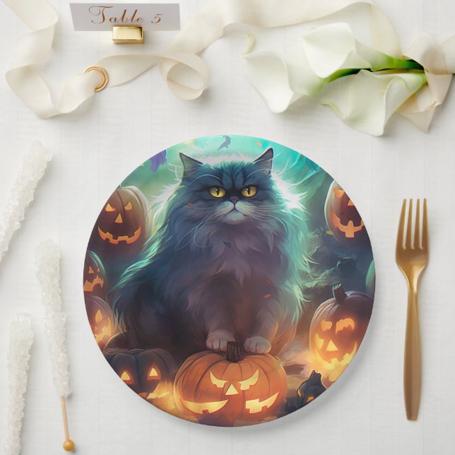 Halloween Siberian Cat With Pumpkins Scary Paper Plates (Wedding)