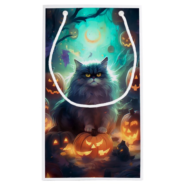 Halloween Siberian Cat With Pumpkins Scary Small Gift Bag (Back)