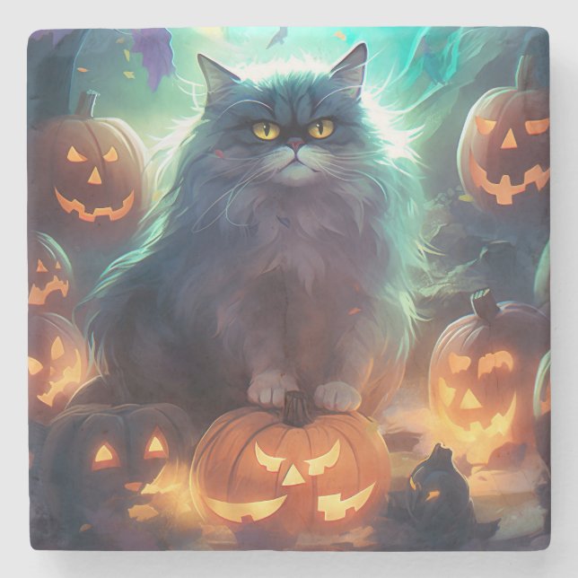 Halloween Siberian Cat With Pumpkins Scary Stone Coaster (Front)