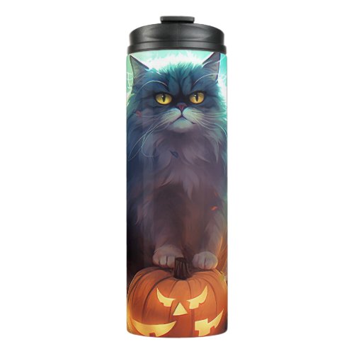 Halloween Siberian Cat With Pumpkins Scary Thermal Tumbler