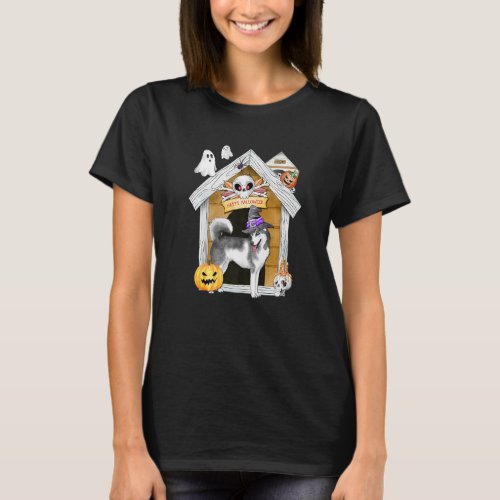 Halloween Siberian Husky Dog Witch Haunted House T_Shirt